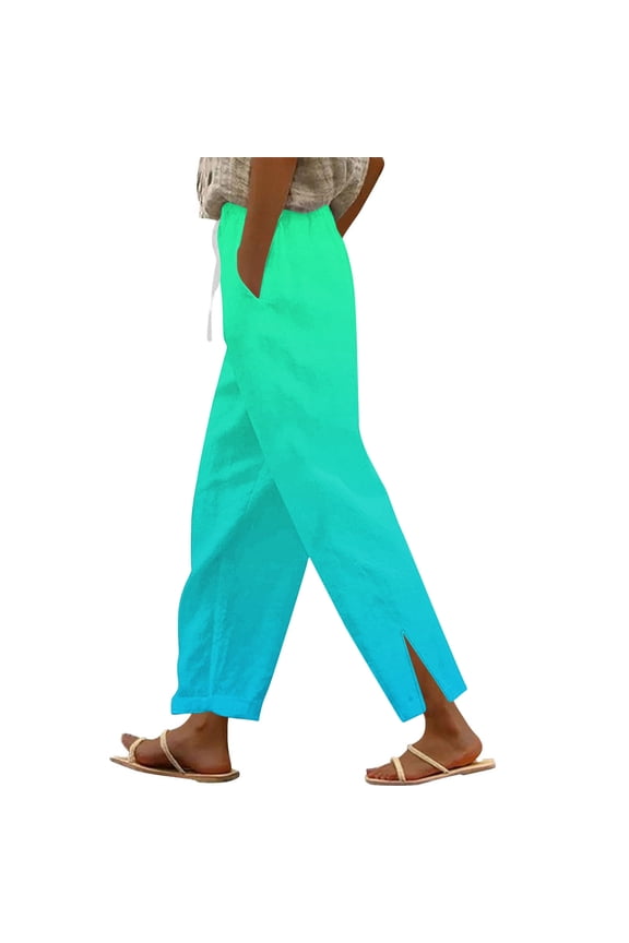 Women's Loose Straight Leg Pants with Side Slits Summer Cotton Linen Drawstring Waist Casual Pants with Pockets Breathable Solid Color Work Pants(Mint Green,2XL)