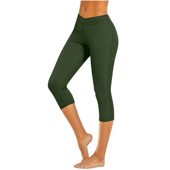 CheerKidz Women's Slim Fit Capri Pants, Summer Solid Color Elastic Waist Yoga Gym Pants with Splicing Design Lightweight Quick-Drying Workout Pants(Army Green,M)