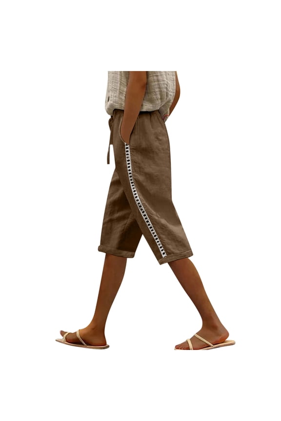 Women's Solid Color Elastic Waist Cropped Pants Half Short Pants with Drawstring Summer Casual Linen Pockets Baggy Joggers(Brown,3XL)