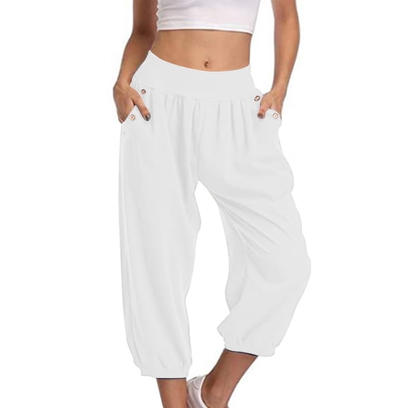 CheerKidz Women's Solid Color Elastic Waist Pocket Leggings Cropped Pants Casual Cropped Pants Calf Length Sumemr Workout Yoga Pants (White,L)
