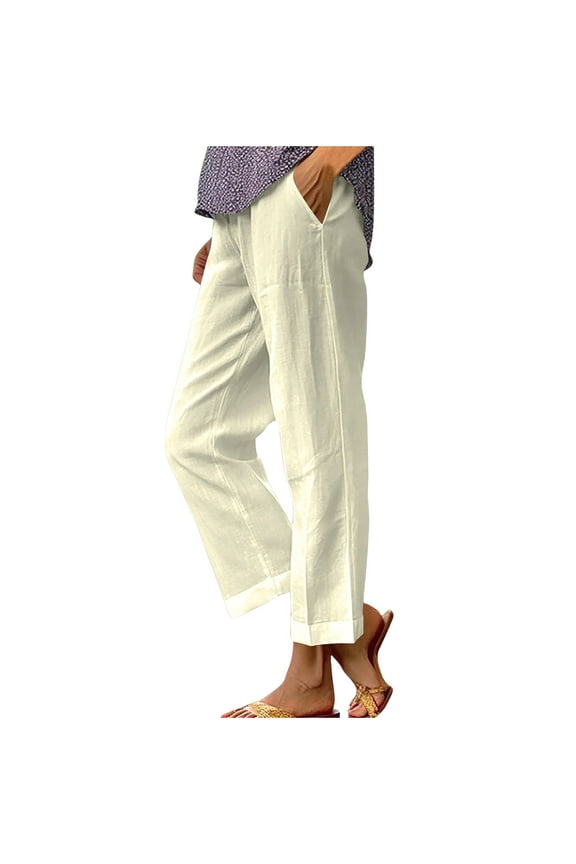 Women's Spring Summer Cotton Linen Pants Solid Color Elastic Waist Wide Leg Casual Straight Pants Comfy Lounge Pants with Pockets(Beige,2XL)