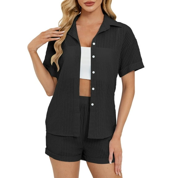CheerKidz Women's Summer 2 Piece Sets Long Sleeve Button Down Shirts Matching Short Sets Beach Vacation Home Wear Outfits (Black,M)