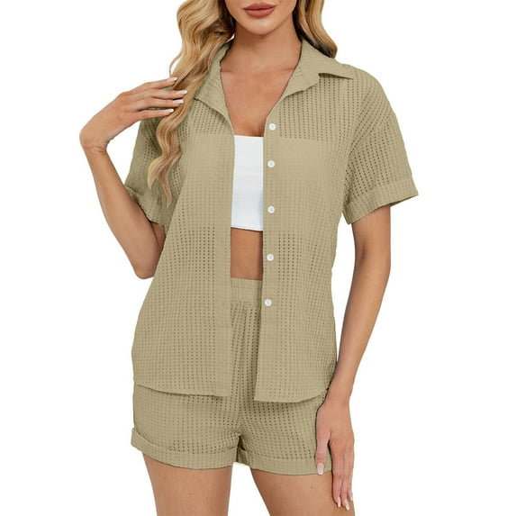 CheerKidz Women's Summer 2 Piece Sets Long Sleeve Button Down Shirts Matching Short Sets Beach Vacation Home Wear Outfits (Khaki,L)