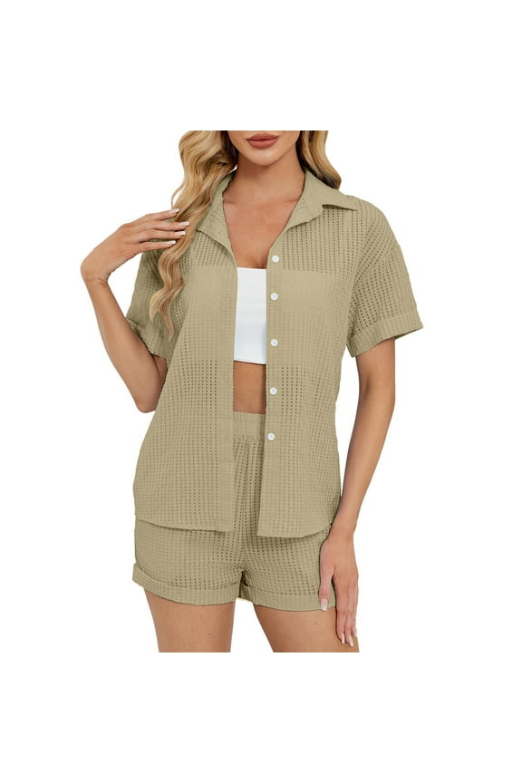 Women's Summer 2 Piece Sets Long Sleeve Button Down Shirts Matching Short Sets Beach Vacation Home Wear Outfits (Khaki,XL)