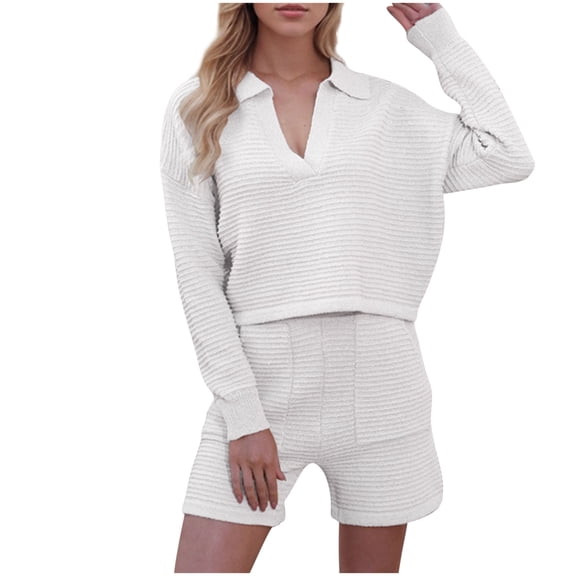 CheerKidz Women's Summer Casual 2 Piece Outfits Long Sleeve V Neck Shirt and Shorts Elastic Waist Sweatsuit Home Sets with Pockets(White,L)