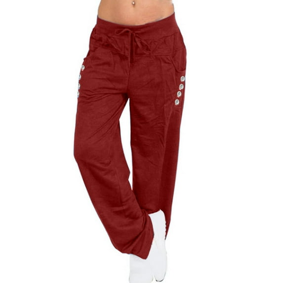 CheerKidz Women's Summer Casual Pants High Waisted Drawstring Lounge Pants Straight Long Trousers Side Buttons with Pockets Wide Leg Yoga Sports Loose Pants(Wine,5XL)