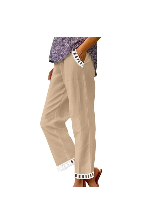 Women's Summer Cotton Linen Pants with Pockets Solid Color High Waist Casual Trousers Breathable Fit for Travel(Khaki,XL)