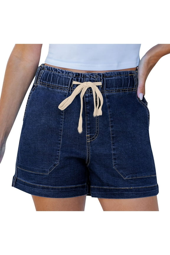 Women's Summer Denim Hot Shorts Elastic Waist Loose Fit Drawstring High Waist Pocket Shorts Ripped Casual Jean Shorts(Black,XL)