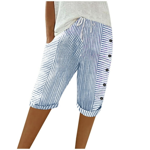 CheerKidz Women's Summer Patchwork Cotton Linen Capris Woven Striped Button Front Loose Casual Pants with Pockets(Blue,L)