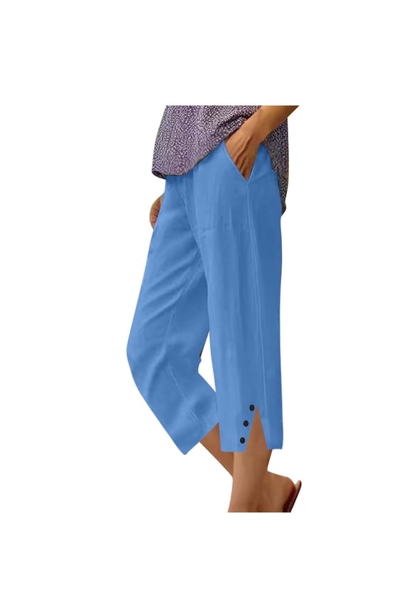 Women's Wide Leg Linen Pants for Women Capri Summer Pants Palazzo Home Elastic Waist Cropped Beach Trousers with Pockets(Sky Blue,3XL)