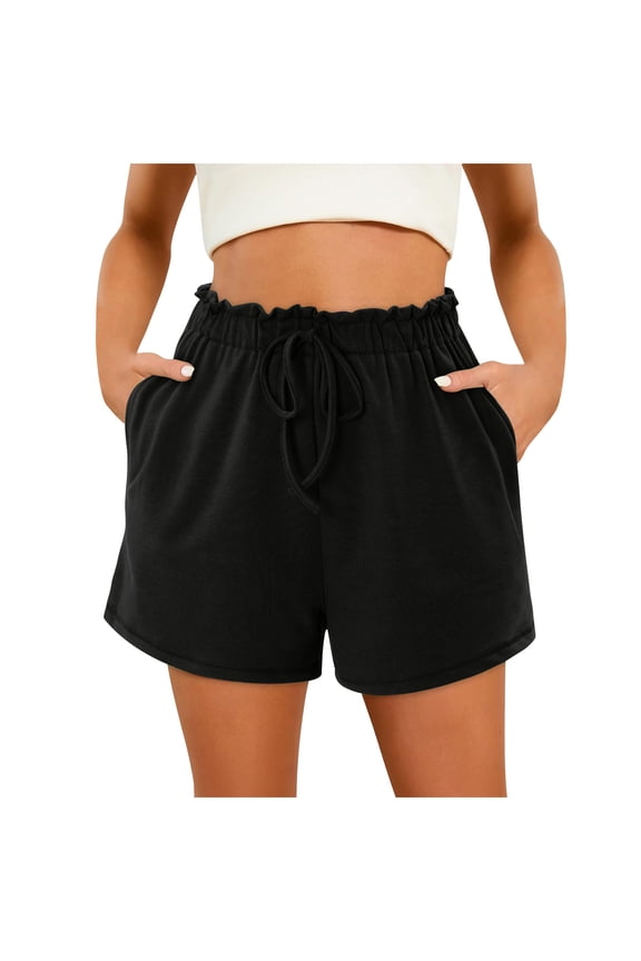 Women's Yoga Sport Shorts Solid Color Drawstring Rope Tie Casual Shorts Lightweight Running Athletic Shorts(Black,2XL)