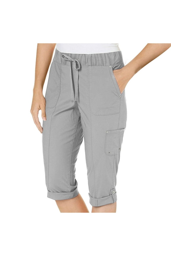 Womens Casual Multi Pocket Work Pants Lightweight Hiking Jogging Outdoor Pants Elastic Waist Knee Length Cropped Trousers(Gray,M)