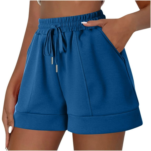 CheerKidz Womens Fashion Above Knee Length Shorts Athletic Sweat Shorts Soft Drawstring High Waisted Active Short Comfy Casual Lounge Shorts with Pockets(Blue,L)
