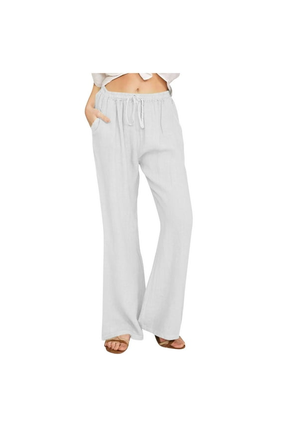 Womens Linen Wide Leg Pants Casual Loose Drawstring Summer Beach Travel Vacation Palazzo Harem Pants with Pockets Lightweight Sweatpants(White,XL)