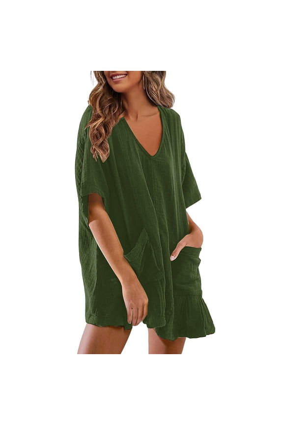 Womens Oversized Tee Romper V Neck Half Sleeve Beachwear Jumpsuit Pockets Casual Shorts(Army Green,S)