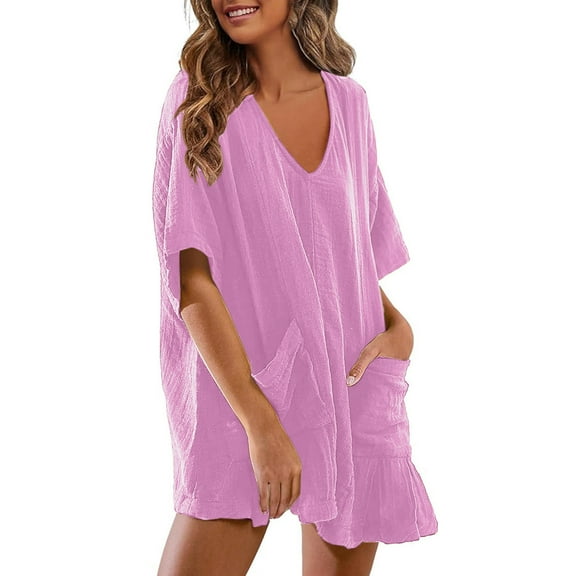 CheerKidz Womens Oversized Tee Romper V Neck Half Sleeve Beachwear Jumpsuit Pockets Casual Shorts(Pink,S)