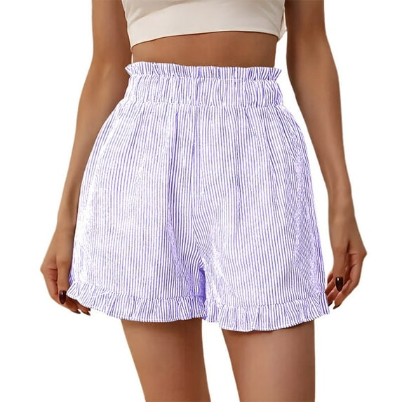 CheerKidz Womens Shorts Summer Elastic Waist Shorts Casual Stripe Print Shorts Ladies Comfy Lightweight Shorts Loose Pants(Purple,M)