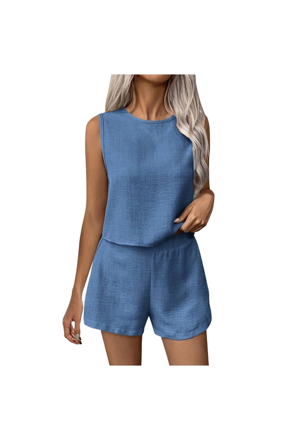 Womens Solid Color Sleeveless 2 Piece Outfits 2025 Oversized Summer Shirts Shorts Set Casual Beach Ribbed Short Sleeve Matching Set(Blue,2XL)