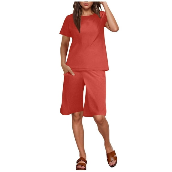 CheerKidz Womens Solid Color Sleeveless 2 Piece Outfits Oversized Summer Shirts Shorts Set Casual Beach Ribbed Short Sleeve Matching Set(Red#1,S)