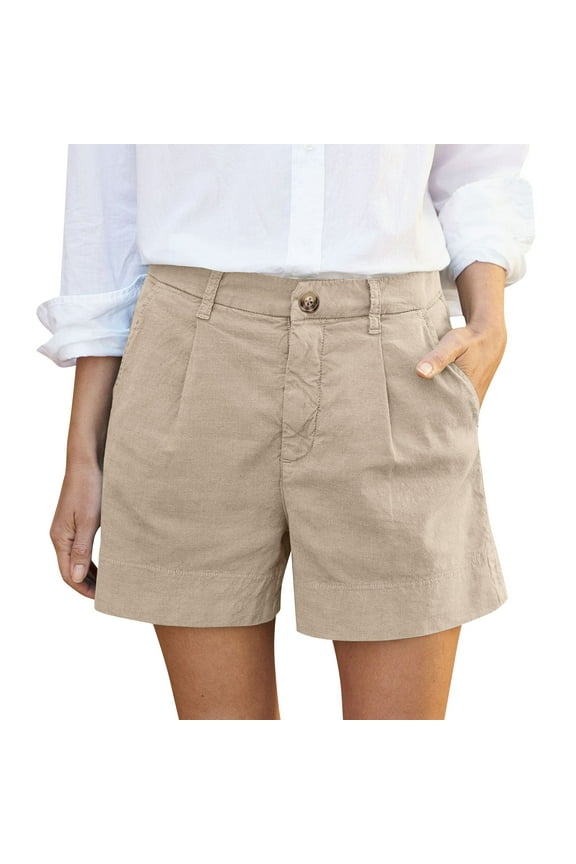 Womens Summer Casual High Waist Solid Color Shorts Wide Leg Pleated Zippered Wrap Hem Wide Leg Shorts with Pockets(Khaki,S)