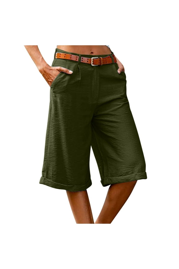 Womens Wide Leg Cotton Linen Shorts Comfy Bermuda Zipper Shorts Summer Casual Short Pants Loose Knee Length Shorts(Army Green,XL)