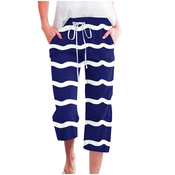 CheerKidz Workout Yoga Pants for Womens Casual Stripe Print Elastic Loose Pants Drawstring Straight Wide Leg Trousers with Pockets Pajama Pants(Dark Blue,S)