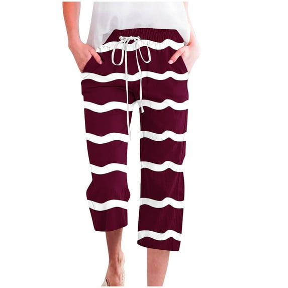 CheerKidz Workout Yoga Pants for Womens Casual Stripe Print Elastic Loose Pants Drawstring Straight Wide Leg Trousers with Pockets Pajama Pants(Wine,2XL)