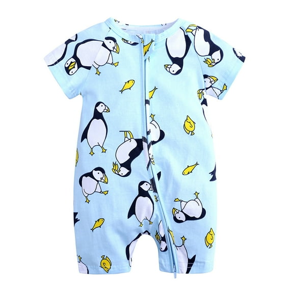 CheerKidz Cute Pattern Short Sleeve Double Zipper Romper for Toddler Baby Boys Girls Perfect for Outdoor Adventures and Casual Wear 0-3 Years(Light blue#1,6-9 Months)