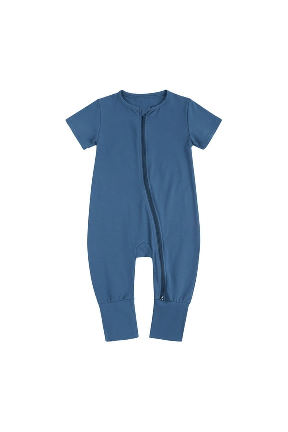 Cute Solid Color Short Sleeve Double Zipper Romper for Toddler Baby Boys Girls Perfect for Outdoor Adventures and Casual Wear 0-3 Years(Blue,2-3 Years)