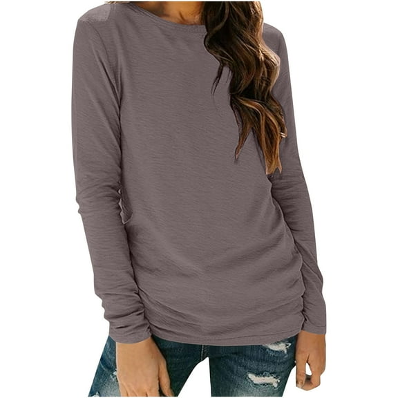 CheerKidz Fashion Solid Color Pullover Women's Fashion Long Sleeve Round Neck Casual T-Shirt Basic Comfortable Everyday Wear(Khaki,)