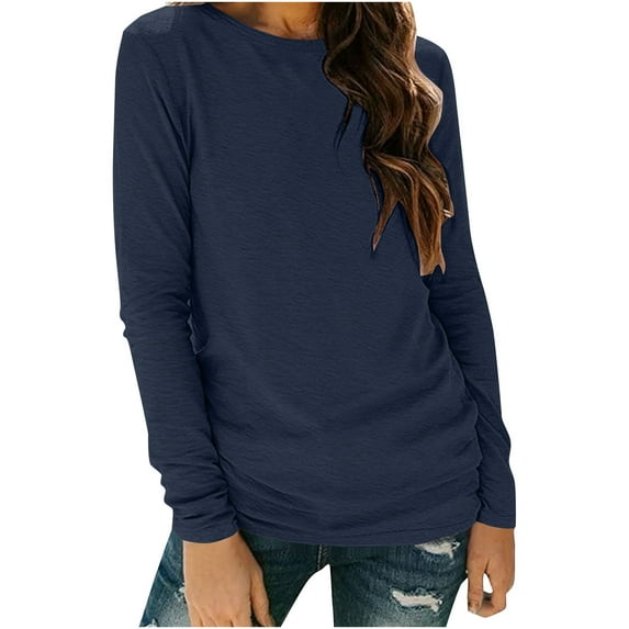 CheerKidz Fashion Solid Color Pullover Women's Fashion Long Sleeve Round Neck Casual T-Shirt Basic Comfortable Everyday Wear(Navy,)