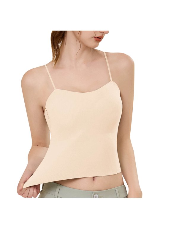 Fashion Women's Bra Pad Camisole Solid V-Neck Sleeveless Basic Top,Breathable Summer T-Shirt(Beige,L)