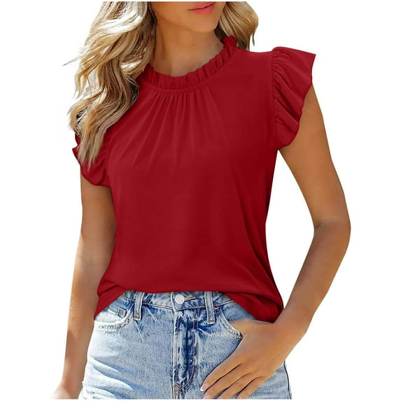 CheerKidz Fashion Women's Casual Short Sleeve Solid Blouse Round Neck Button Down Shirt Fold Detail Ladies Tops Lightweight Spring Summer(Red,XL)