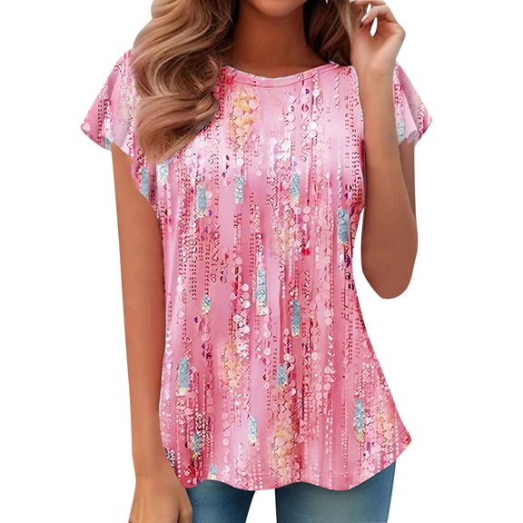 CheerKidz Fashion Women's Summer Round Neck Print Short Sleeve Blouse Playwear Vacation Clothes Floral Pattern Loose Fits T-Shirt(Pink,M)