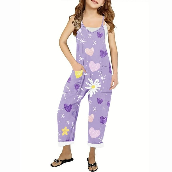 CheerKidz Girls Casual Jumpsuits Sleeveless Rompers with Long Pants and Pockets Stylish and Functional Outfits for Ages 5-14Years,Suitable for Everyday Wear(Multicolor#1,5-6 Years)