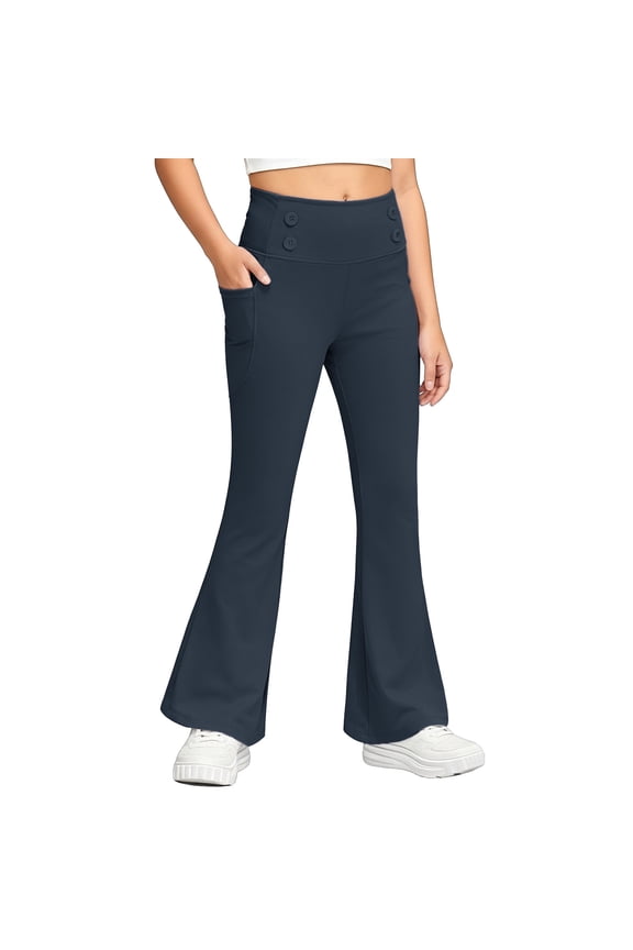 Girls Flare Leggings High Waisted Yoga Dance Pants Kids Bottoms Leggings with Pockets Soft Breathable Fabric Comfortable Wear for Casual Play Pageant Birthday(Navy,5 Years)