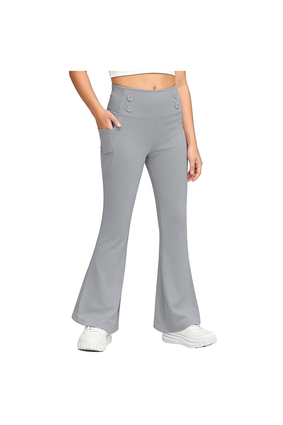 Girls Flare Leggings High Waisted Yoga Dance Pants Kids Bottoms Leggings with Pockets Soft Breathable Fabric Comfortable Wear for Casual Play Pageant Birthday(Gray,13 Years)