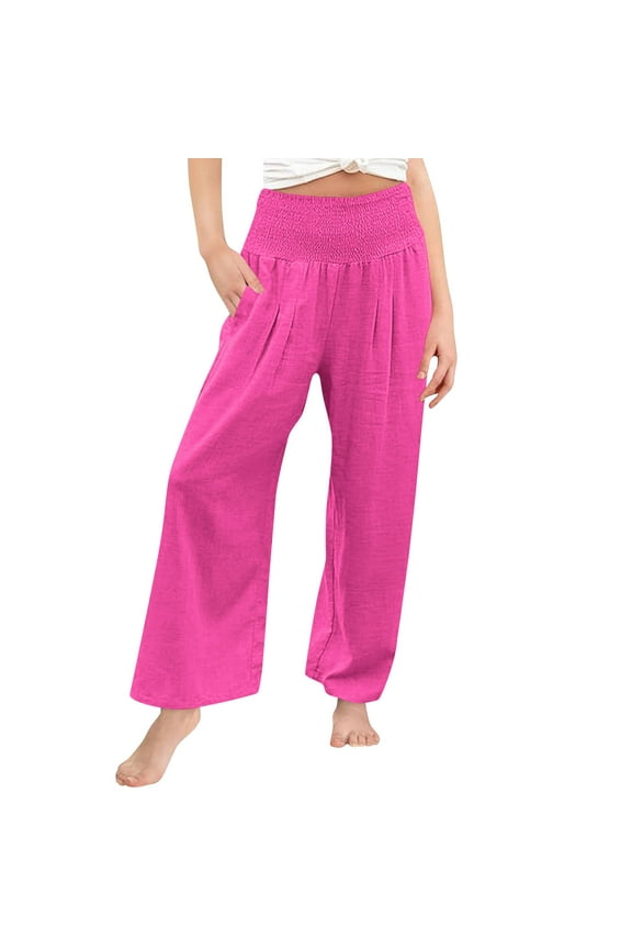 Girls High Waist Wide Leg Casual Pants Smocked Elastic Waistband Flowy Loose Long Trousers with Pockets Comfortable Everyday Play Wear(Hot Pink,4 Years)