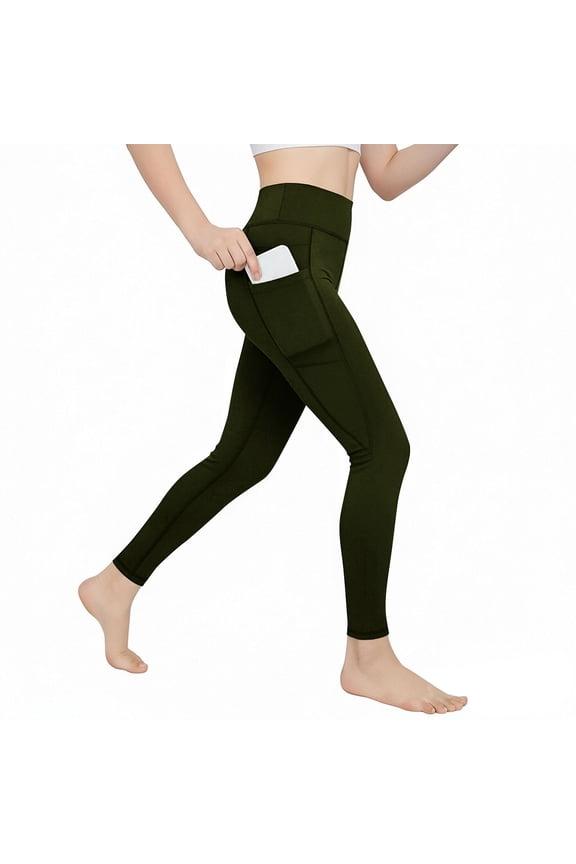 Girls High Waisted Yoga Pants Soft Breathable Kids Leggings with Pockets Stretchy Active Workout Pants for Children Play Running Dance Gym Exercise Girls Yoga Bottoms(Army Green,4 Years)
