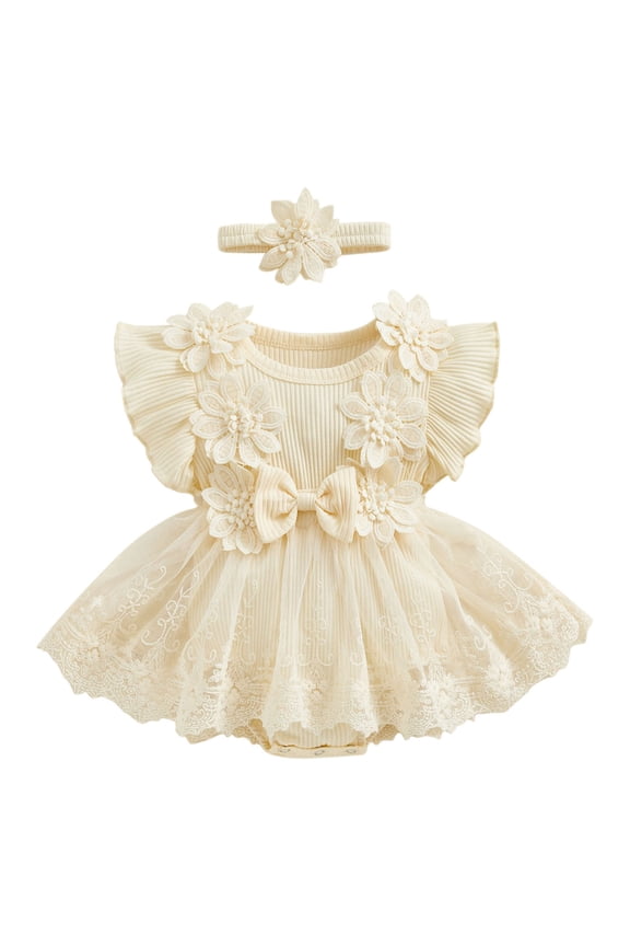 Girls' One-Year-Old Short Sleeve Dress Romper Summer Soft Yarn Princess Flower Romper Skirt for Comfort and 0-18 Months(Beige,0-2 Months)