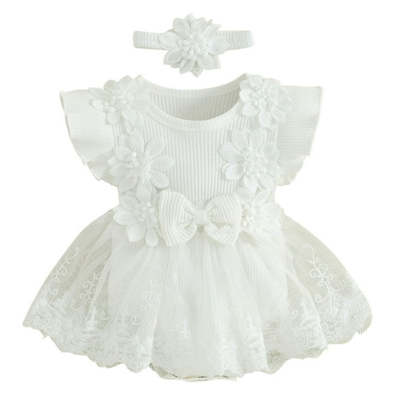 CheerKidz Girls' One-Year-Old Short Sleeve Dress Romper Summer Soft Yarn Princess Flower Romper Skirt for Comfort and 0-18 Months(White,0-2 Months)