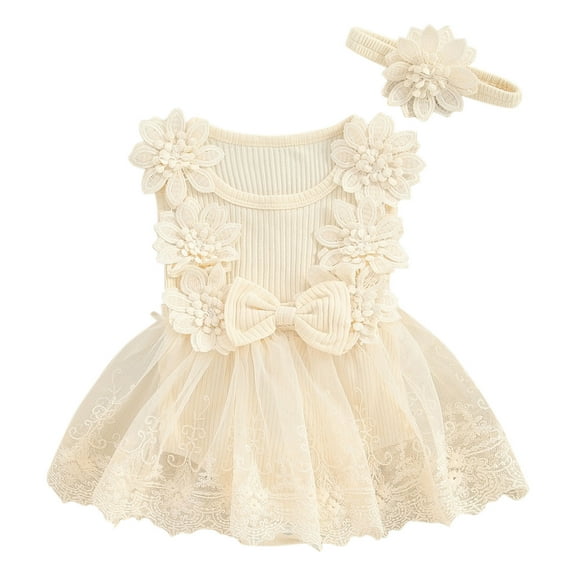 CheerKidz Girls' One-Year-Old Sleeveless Dress Romper Soft Yarn Princess Flower Romper Skirt with Headband for Comfort and 0-24 Months(Beige,18-24 Months )