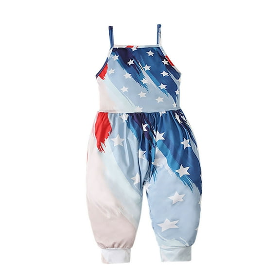 CheerKidz Girls' Sling Sleeveless Backless Romper Summer Independence Day Short Jumpsuit for Children, Ideal for Lightweight Comfort and Stylish Festive Wear 1-5 Years(Blue,3-4 Years)