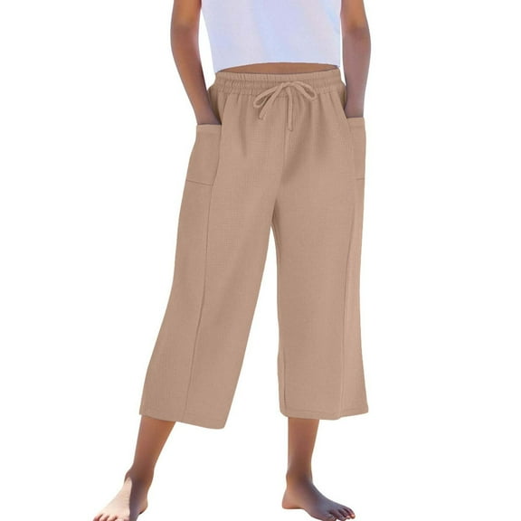 CheerKidz Girls Summer Elastic Waist Straight Leg Pants Solid Color Casual Breathable Trousers with Pockets for Holiday Vacation and Everyday Wear(Khaki#3,4-5 Years)