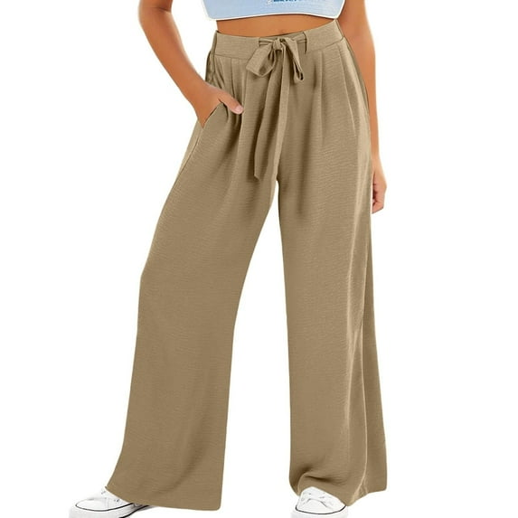 CheerKidz Girls Wide Leg Pants Casual Elastic Waist Pocket Pants Solid Color Loose Fit Comfortable Everyday Wear Soft Breathable Flowy Trousers(Khaki,5-7 Years)
