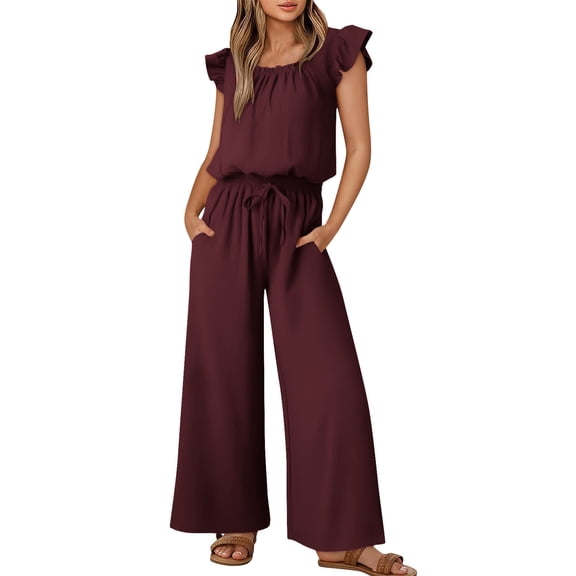 CheerKidz Jumpsuits for Women Summer Ruffle Sleeves Romper Round Neck Drawstring Overalls with Pockets for Casual Outing(Wine,XL)
