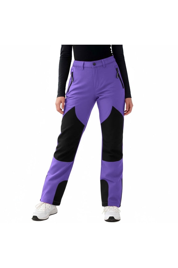 Kids Colorblocked Fleece Lined Ski Pants Water Repellent Outdoor Snow Pants with Reinforced Knees and Zippered Pockets for Active Boys and Girls Cold Weather Play(Purple,4 Years)