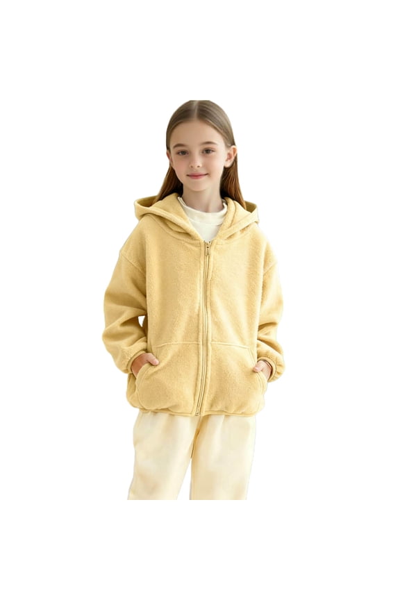 Kids Unisex Solid Color Hooded Fleece Jacket Long Sleeve Zippered Top Lined Warmth Winter Casual Outerwear for Children Boys and Girls Cozy Soft Breathable(Khaki#1,7-8 Years)