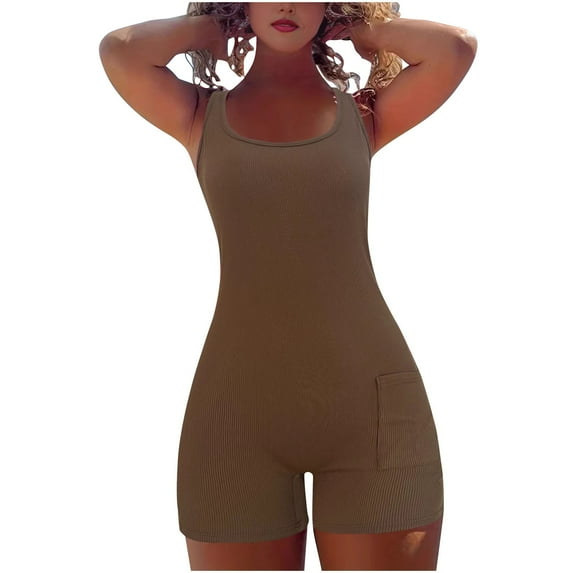 CheerKidz Ladies' Casual Sports Tight Jumpsuit Shorts Solid Color Shoulder Strap Round Neck Pocket Romper for Women Workout Gym Yoga(Brown,2XL)