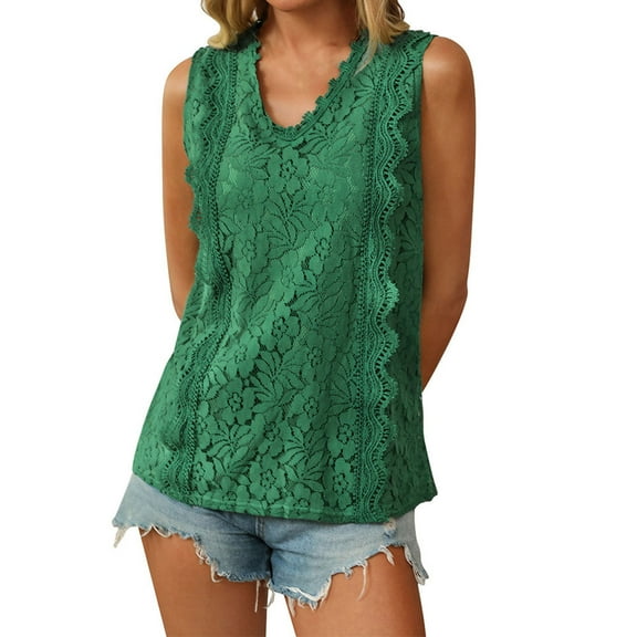 CheerKidz Ladies Lace-Trimmed V-Neck Sleeveless Top Summer Casual Lightweight Blouse for Beach Vacation Fashion Tops Trendy (Green,2XL)